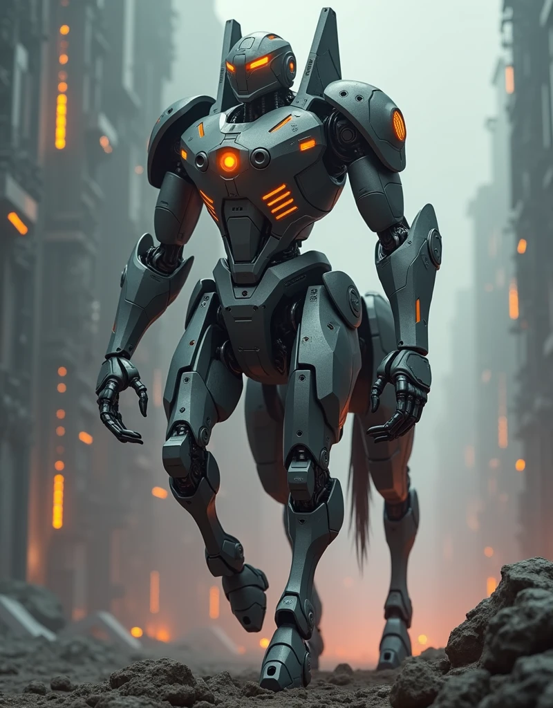 a photo of a gigantic mecha centaur, digital art, charging forward pose, highly detailed, photorealistic, cinematic lighting, intricate machinery, gleaming black metal and orange neon light, glowing energy, dynamic pose, epic scale, futuristic, science fiction