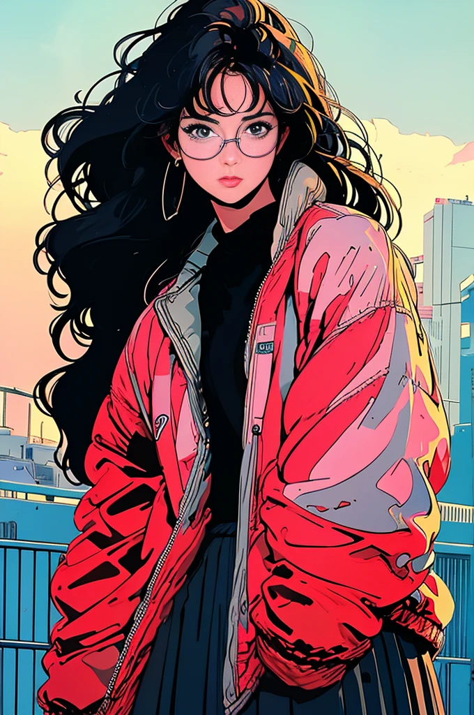 Photo of a beautiful woman standing on a street corner, (masterpiece:1.2, highest quality), (Realistic, photoRealistic:1.4), Beautiful illustrations, (Natural Side Lighting, Cinema Lighting), Written boundary depth, Beautiful thighs staring at the viewer, (((Face Focus, Upper Body))), 1 female, 30-year-old, alone, thin, slender, small breasts!!!, Loose curly hair, Bedhead, thin, slender, (((glasses))), hoodie, long sexy skirt, Are standing, Paris on a clear day with park in the foreground