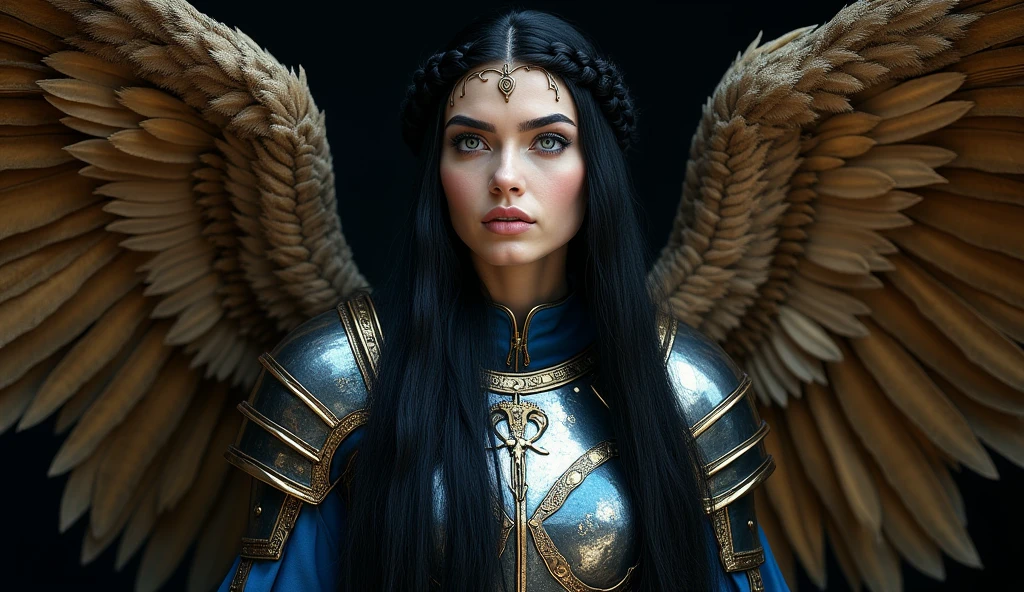 GORGEOUS WINGED VALKYRIE , WARRIOR WOMAN, BUST IMAGE STYLE, STUDIO IMAGE STYLE, BLACK INFINITE BACKGROUND, DIFFUSED LIGHTS ON FACE, BACK LIGHTS ON HAIR, HUGE GOLDEN WINGS, BLACK FEATHERS, VERY BLACK HAIR, CLOSE FACE SHOT, HUGE LONG HAIR, HUGE STRAIGHT LONG HAIR, BRAID HAIR STYLE, PLATINUM EYEBROWS, VERY PALE SKIN, LUMINOUS SKIN, TURCOISE BLUE EYES, LUMINOUS EYES, MEDIEVAL STYLE, HIGH CHEEKBONES, ROSY CHEEKS, GORGEOUS LIPS, SOFT LIPSTICK, GORGEOUS CURVY BODY, SOFT MUSCLES, VOLUMOUS BREASTS, BLUE ARMOUR, SILVER DETAILS, FULL BODY ARMOUR, FLAT BOOTS, NECK CLEAVAGE, LONG BRACELETS, GOLD DETAILS, GOLDEN HEADBAND , ENIGMATIC FACE EXPRESSION, SIDE FACE VIEW, EYES LOOKING UP, TOLKIEN MITHOLOGY, HIGH QUALITY IMAGE, MASTERPIECE, 8K