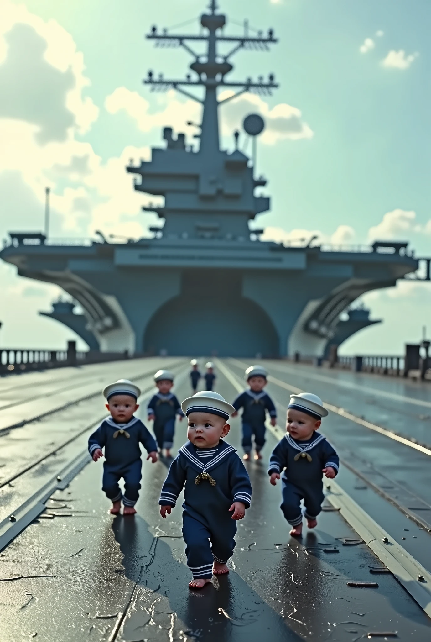 A group of newborns wearing Navy uniforms and sailor helmets walk on the landing strip of an aircraft carrier, just like real life.