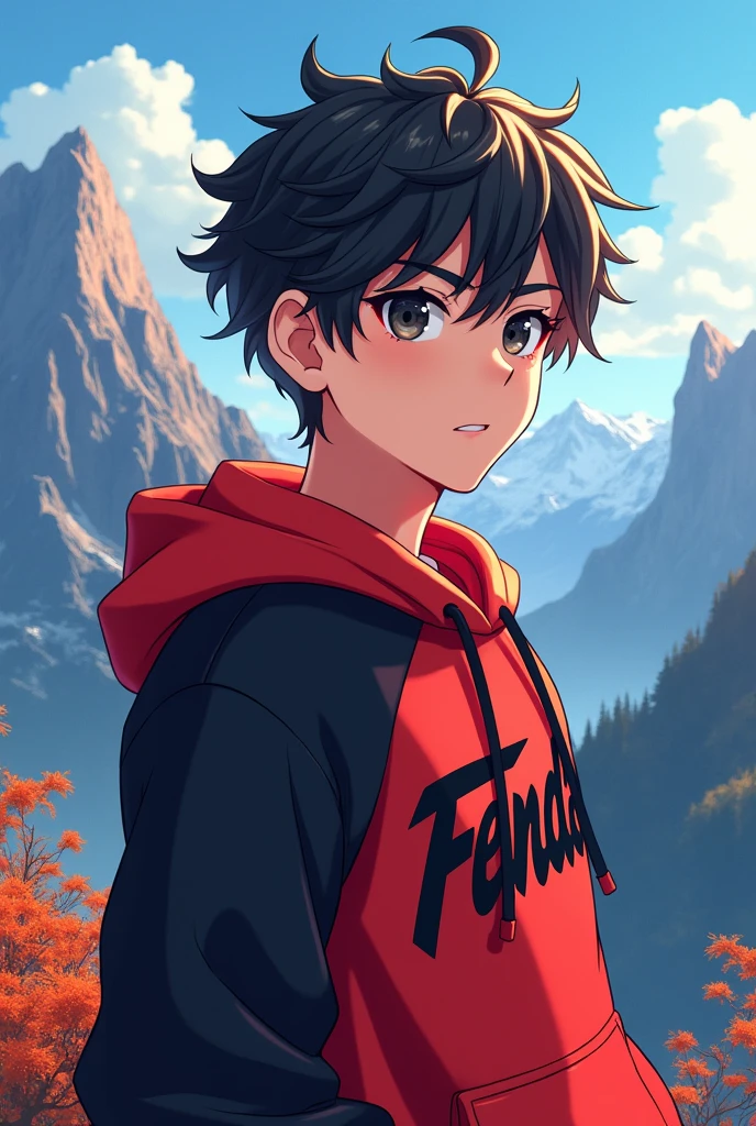 a man3d anime wear hoodie reda and black pop up name "FENDRA" handsome with background montain