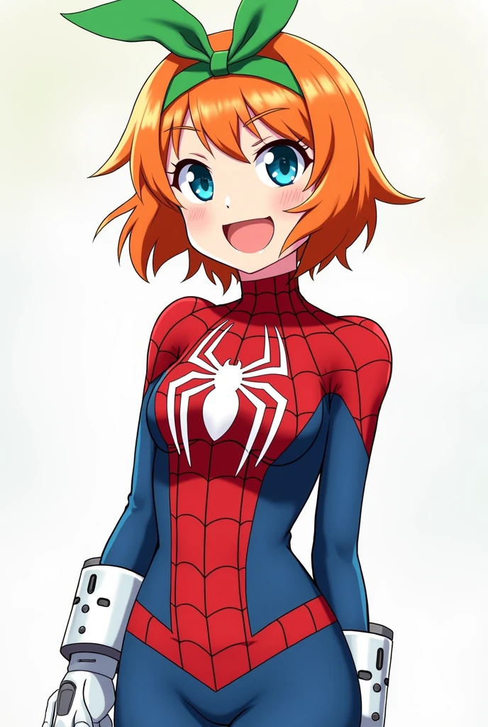 Yotsuba nakano short orange hair, green ribbon on the head in the shape of a rabbit,blue eyes, at 2, full body, older and wearing a spiderman suit with a white spider and white protections on her hands