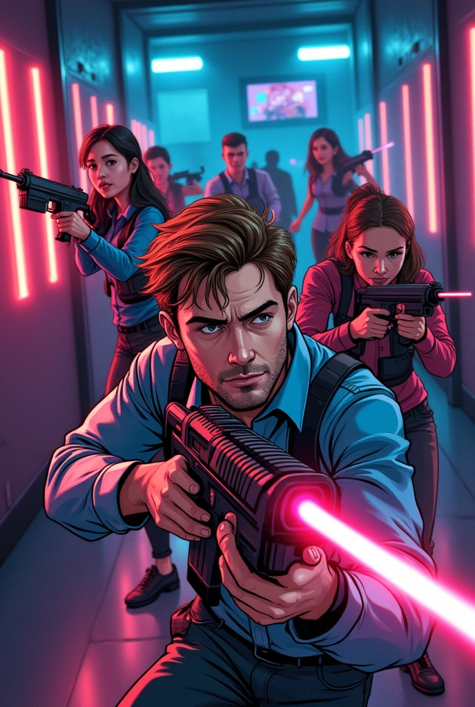 Generate a comic book drawing of a brown-haired man, short and tousled hair, soft and calm face participates in a lazer game with non-sexual female work colleagues