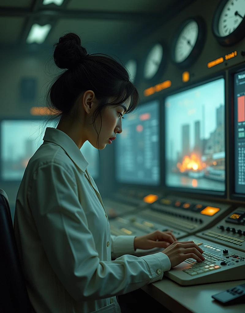 masterpiece, ultra-detailed, ultra-realistic, photorealistic, dramatic scenes, very beautiful Japanese girl, engineer of nuclear power plant, She is frantically working the control panel to prevent the damaged reactor from massive thermal exploding, at a Control room damaged by a major earthquake, broken meter panel, A wrecked and burning nuclear reactor is shown on the monitors, (tense expression:1.5)