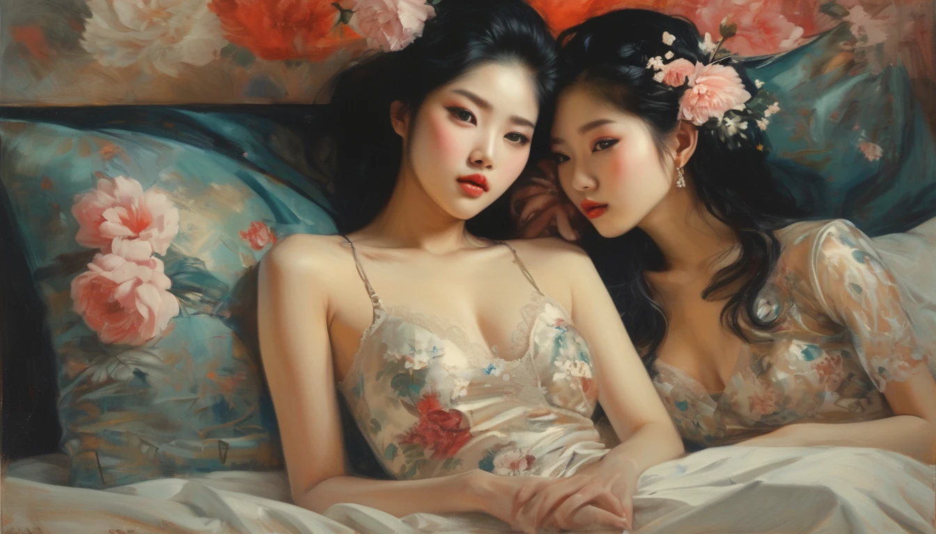 (((ultra realistic))), (((photographic grade))), Two women in lace bra laying on a bed with flowers, long hair, very femenine, lesbian love, detailed face, beautiful face, kissing, erotic, inspired by Yanjun Cheng, yanjun chengt,  painting, inspired by Wang Duo, inspired by Chen Yifei, roberto ferri and ruan jia, girls resting, two models in the frame, two girls, inspired by Fenghua Zhong, inspired by Zhang Xuan, by Dai Xi a close up of a woman with a flower crown on her head, asian features, jinyoung shin, inspired by Yanjun Cheng, traditional art, korean artist, gorgeous chinese model, yanjun chengt, fanart, by Ni Tian, beautiful south korean woman, official artwork, by Wu Bin, wenfei ye, popular south korean makeup, a young asian woman absolutely abstract Retro vintage art print, sexy, glamorous pin-up girl wearing lace lingerie, A painting of a woman wife ((golden ratio}} laying on the sofa after a long night on the town, a painting, a Beautiful expressive painting, malcolm liepke painting, glossy painting, beautiful digital painting, digital art painting, Fine paintings, monochromatic. malcolm liepke oil painting, impressionist painting.Spread your legs apart, beautiful and delicate face, fair skin