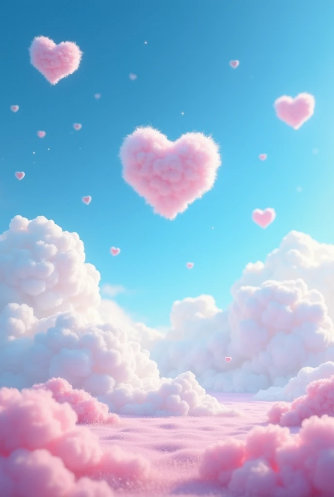 4k - 「A fantastical landscape with fluffy heart-shaped clouds floating in the blue sky」