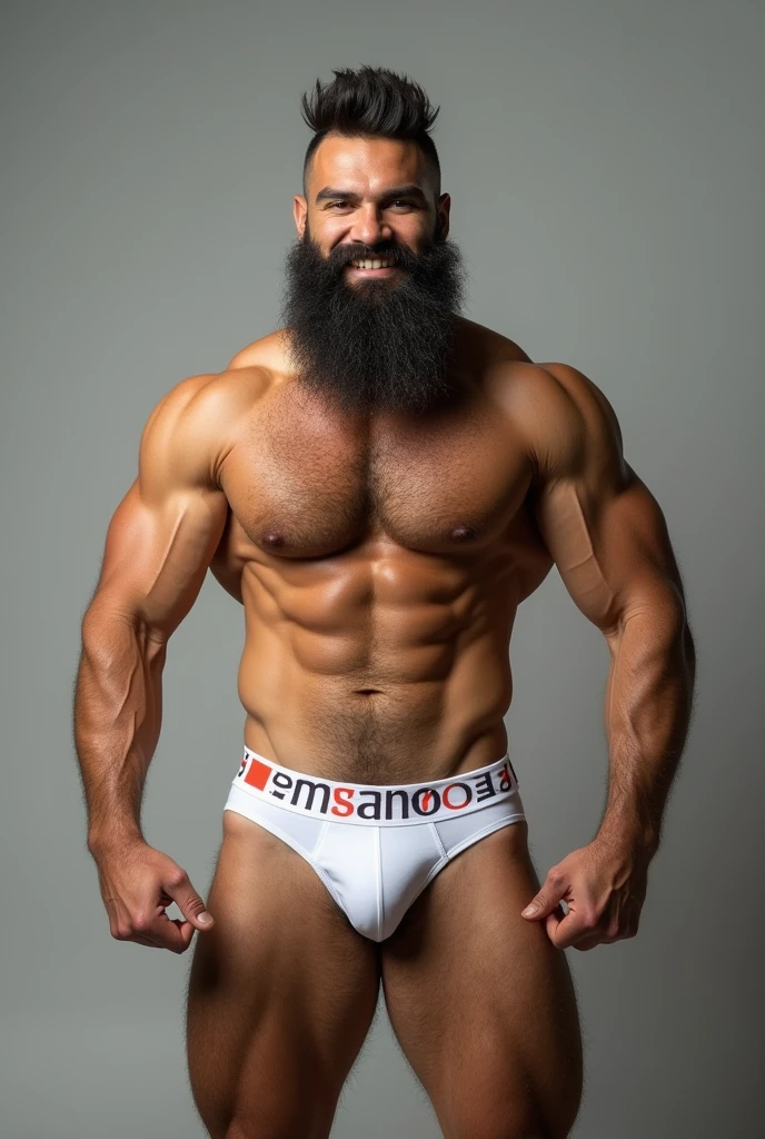 Brazilian man with a beard, hairy, strong, muscular, smiling, posing for a photo wearing white underwear with a large elastic band and the words “Somellos” written in large letters on the elastic band of the underwear.