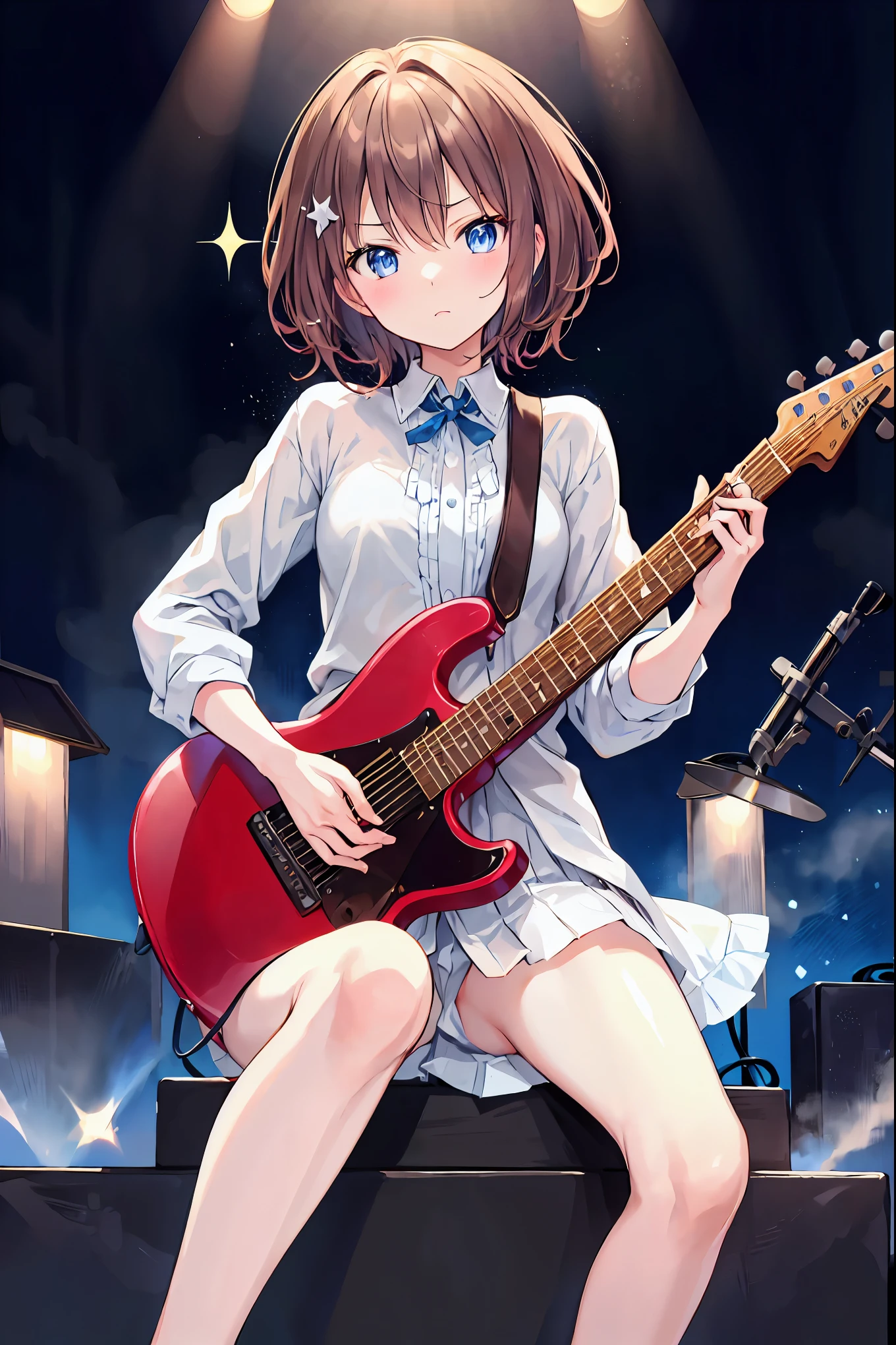 Brown Hair，Shortcuts，Messy Hair，Slender beauty，A dignified posture，Small chest，Beautiful feet，Her captivating grey-blue eyes shine like stars，，Highest quality、masterpiece、Anime Girls、Brass band club、((guitar))、Serious face、，shout，whole body，Legs spread wide、Singing passionately，guitarテクニック，live houseの照明，live house，Spectators