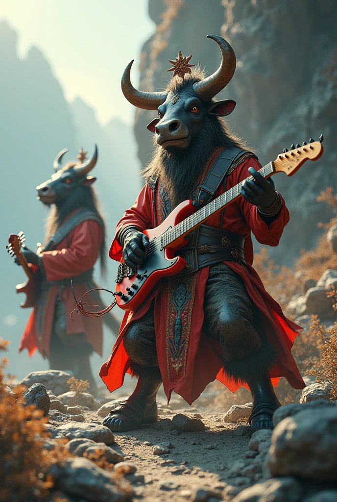 Chinese mythology，Bullhead，Horse face，rock band，detail，Ultra-fine，Super real photos，Surreal，masterpiece，8K wind resolution，overclocked renderer，