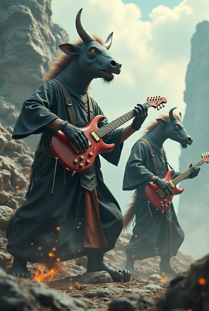 Chinese mythology,Bullhead,Horse face,rock band,detail,Ultra-fine,Super real photos,Surreal,masterpiece,8K wind resolution,overclocked renderer,