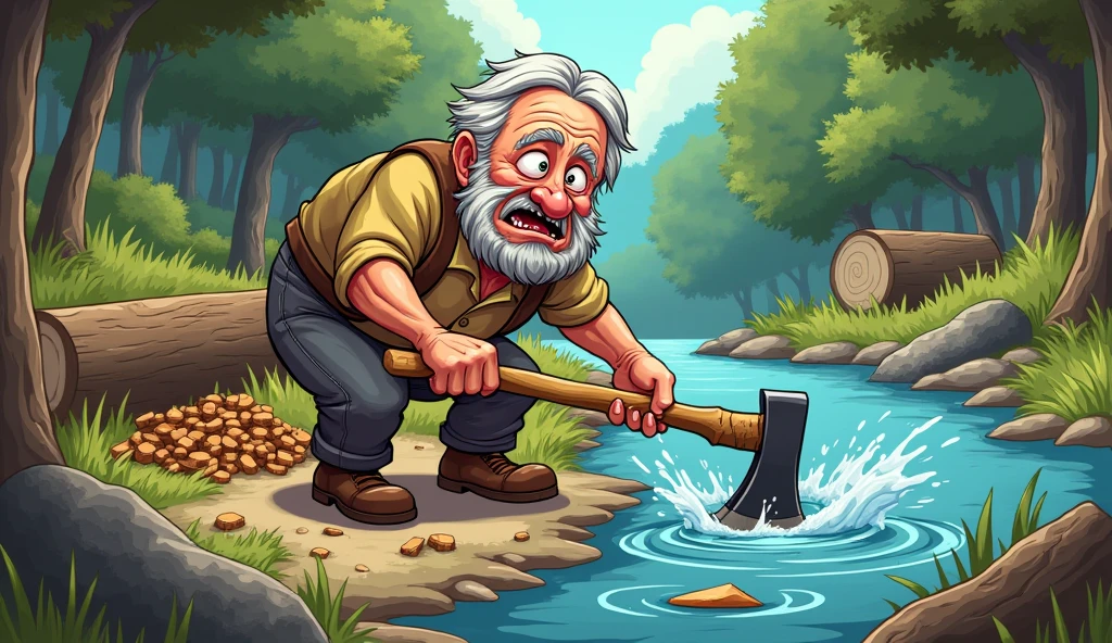 Poor old boy during wood cutting axe slipped and axe fell into the river water. cartoon