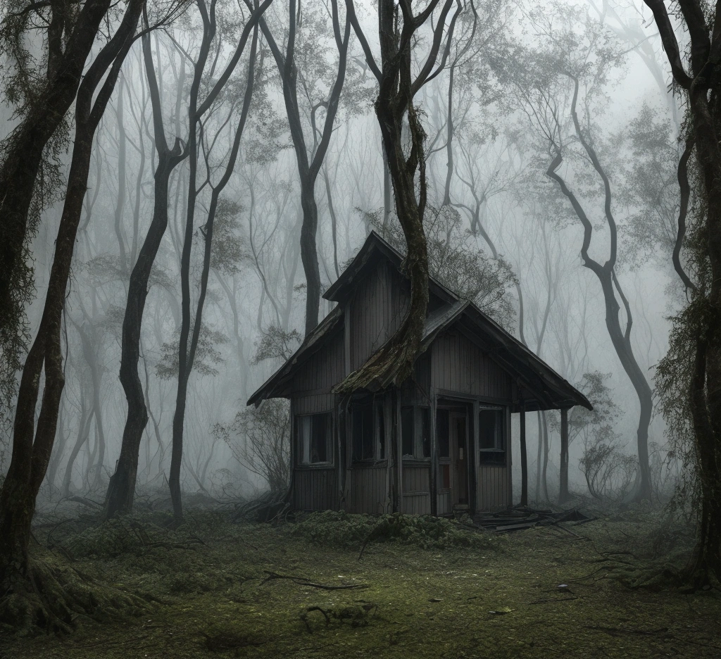 "A dark and eerie forest with tall, twisted trees under a cloudy, ominous sky. In the middle of the forest stands an old, weathered bungalow with peeling paint, broken windows, and ivy creeping up the walls. The atmosphere is thick with fog, and shadows loom around the building, giving it a foreboding presence. The scene should feel isolated and unsettling, with no signs of life nearby."