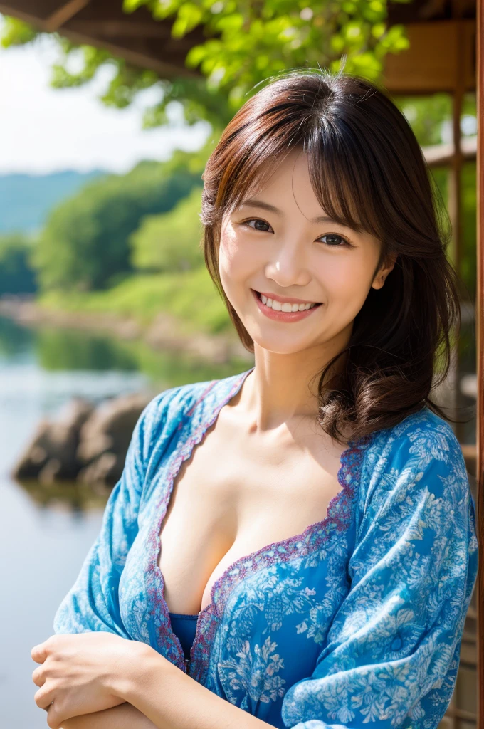 ((Highest quality)), ((masterpiece)), (detailed),Perfect Face,Japanese,landscape,Mature Woman,Upper Body,F Cup,Cleavage,blouse,smile