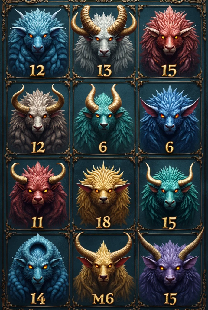 An image with digits {(9, 4, 11)(10,8,6)(5,12,7)} in a grid table shape. With beautiful mystical beast in each cell and the no below it.