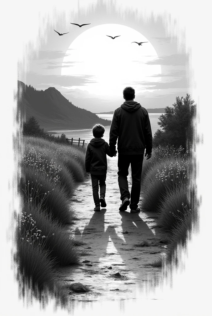 An image for a tattoo of a child and his father walking along a path of life and in the background the sun is setting in black and white tattoo