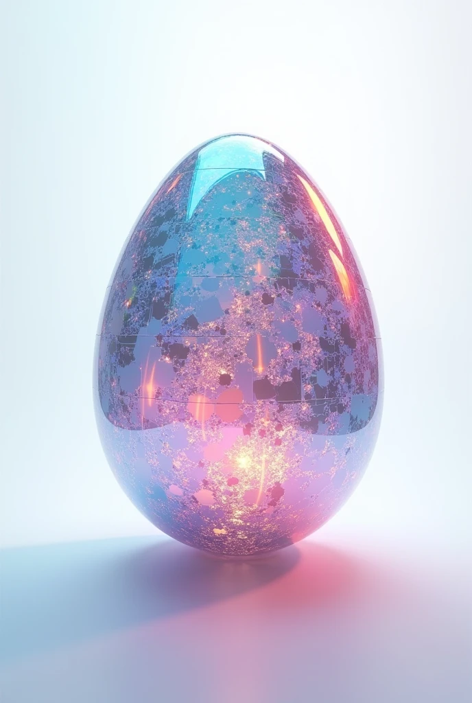 Holographic Egg: An egg with a surface that shifts and changes colors depending on the angle it's viewed from, much like a hologram. The design could incorporate futuristic patterns that seem to float above the surface with white background