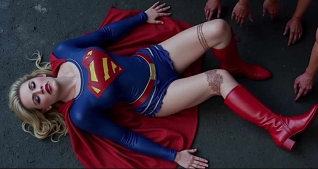 super-realistic, Supergirl is laying on the ground, she is wearing red boots, tatter pantyhose, a group of aliens attack her, Melissa Benoist as supergirl, unconsciousness, eyes close, anxious, painful, whole body, hyper realistic, Melissa Benoist as supergirl,