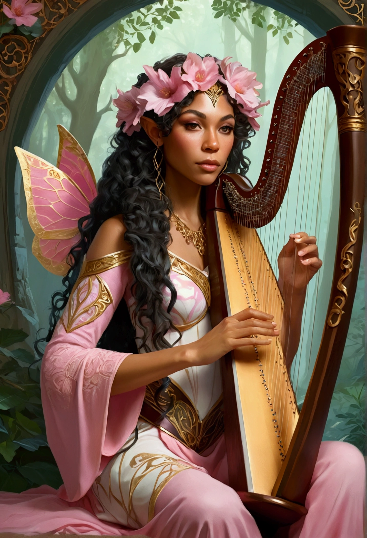 DND character, Elven Maiden, Elf, dark hair, long messy curls, strong. Playing a small harp, (symmetry: 1.1) (floral portrait: 1.05) a mulatto woman as a FAIRY OF THE FOREST, (assassins creed style: 0.8), pink and gold and opal color scheme, beautiful and intricate filegrid face painting, intricate, elegant, highly detailed, digital painting, art station, concept art, smooth, sharp focus, illustration, art by Greg Rutkowski and Alphonse Mucha, 8K