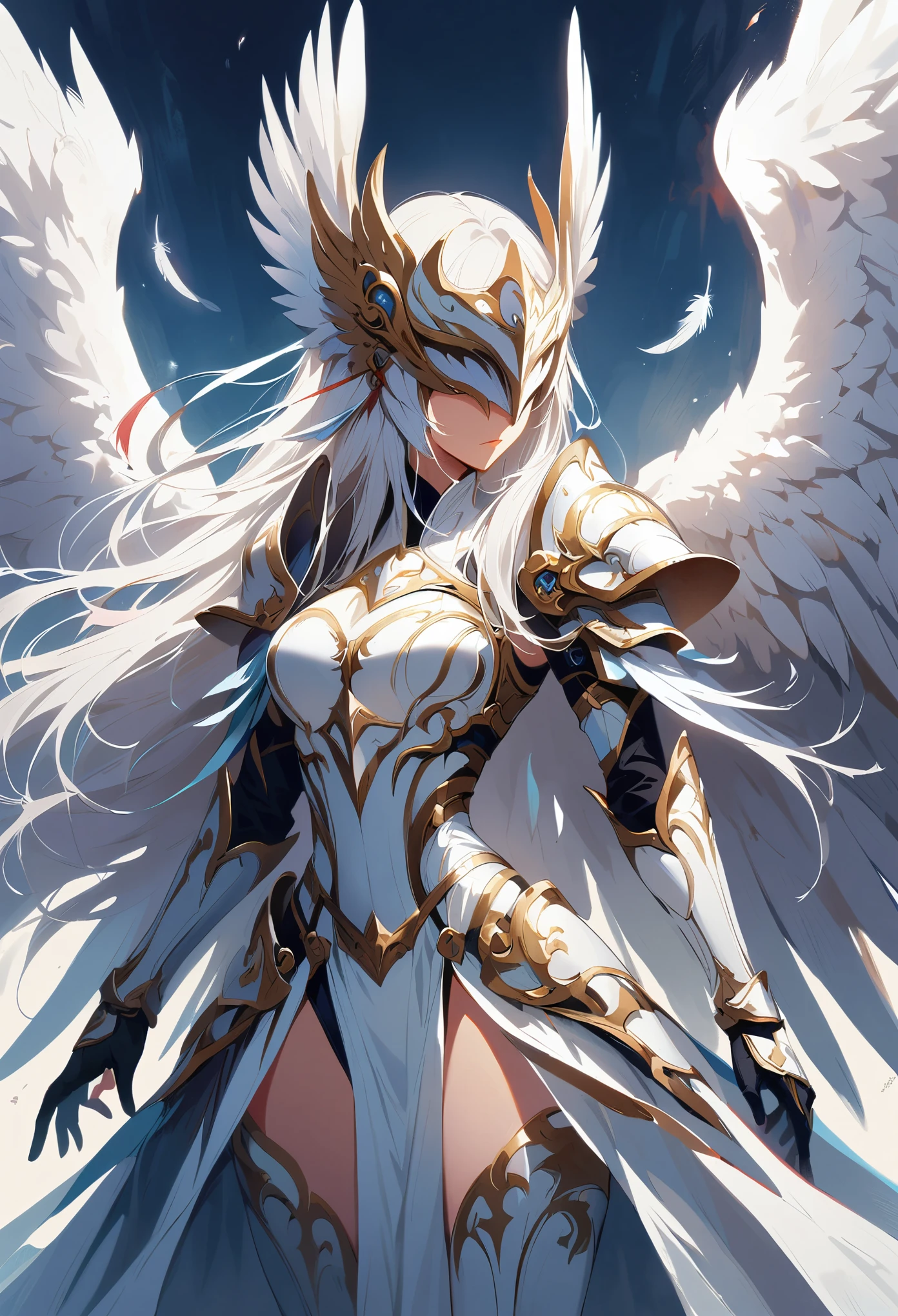 1girl angel mask angel_wings armor feathers_Long wing feathers_Hair Shoulder Armor Shoulder_Armor single piece_Wing separate upper part_The body is white_Theme White_Wings Wings