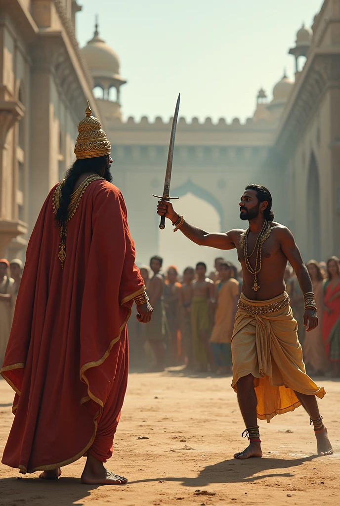 A common poor man killing hindu king using sword in front of large public in open ground