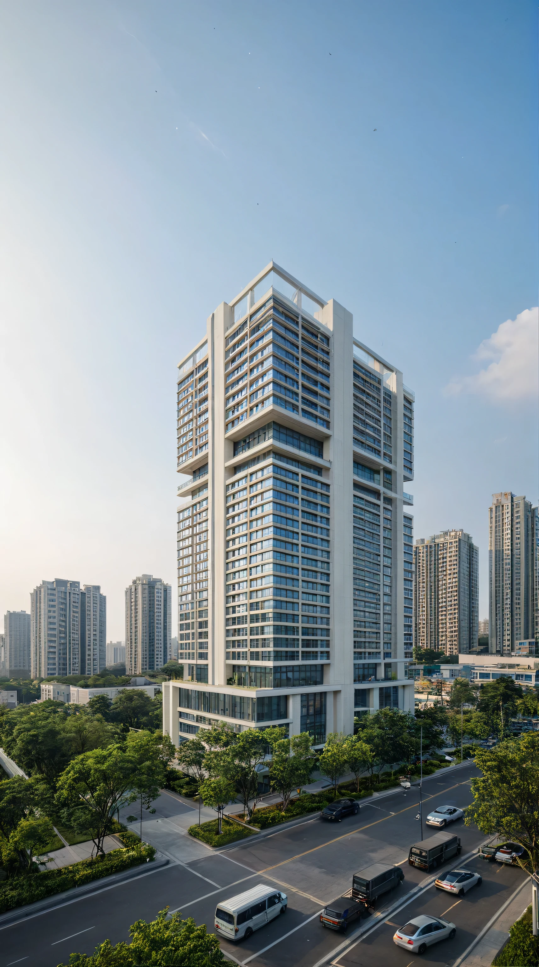 shangyejie, a residential towers, with a small podium at the ground floor and white color, in the Ho Chi Minh city in Viet Nam, designed in the style of modern architectural style. light yellow, random color, The towers have rectangular balconies on each side.side view,During the daytime, natural lighting, architectural photography, masterpiece, best quality, photorealism, ultra relistic, 