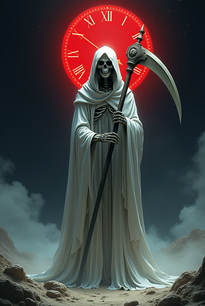 A space with a white grim reaper and a red clock in the sky