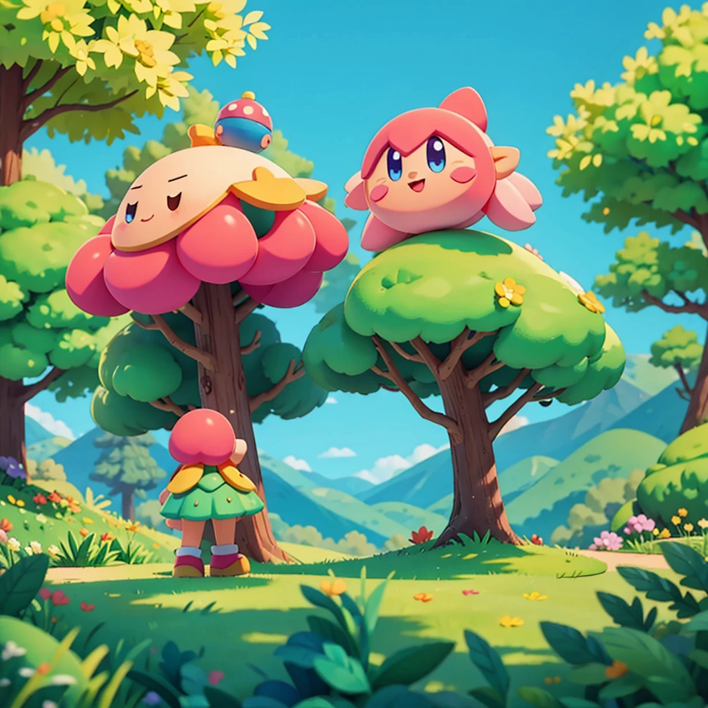 Kirby character in a beautiful mountain setting. And trees, cartoon, creative, ultra detaild
