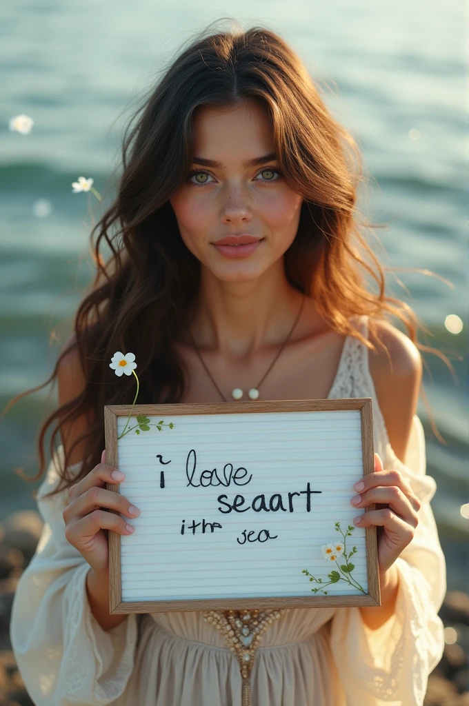 Beautiful girl with wavy long hair, bohemian dress, holding a white board with text "I Love Seaart Infinity" and showing it to the viewer