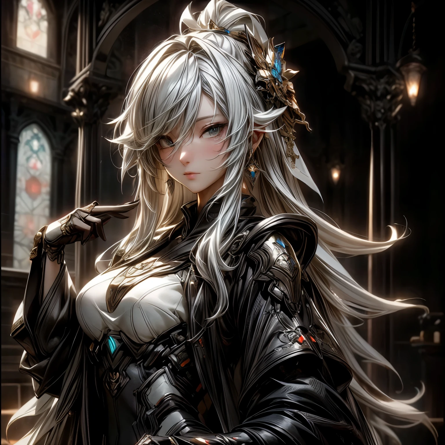 (best quality)), ((Masterpiece)), (details:1.4), 3d, HDR (high dynamic range), an image of a beautiful cyberpunk female, fantasy, Cyberpunk, Medieval, Black hair, Long hair, Full body, Beautiful white eyes, จมูกโด่ง, ปากแดง, หน้าอกใหญ่, nvidia RTX, PBR surface, After processing, Anisotropic filtration,depth of field, Maximum clarity and clarity, multi-layered surface, Subsurface scattering, perfect proportions, 8K raw files, ultra detailed, Perfect proportions, volumetric lighting, soft lighting, Holy paladin, Heavy Silver Armor, Golden dress, glossy skin, intricate silver embroidery, Throne background, jewely, ต่างหู, นิ้วมือสมบูรณ์,