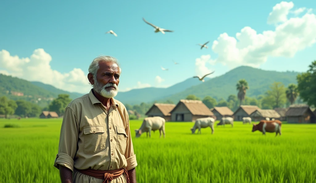 "A realistic 4K image of an honest Indian farmer (Imandar Kisan) standing in a lush green field, with a traditional village in the background. The scene includes thatched huts, grazing cattle, and a clear blue sky. Birds are flying in the sky, adding a sense of peace and harmony to the rural landscape."
