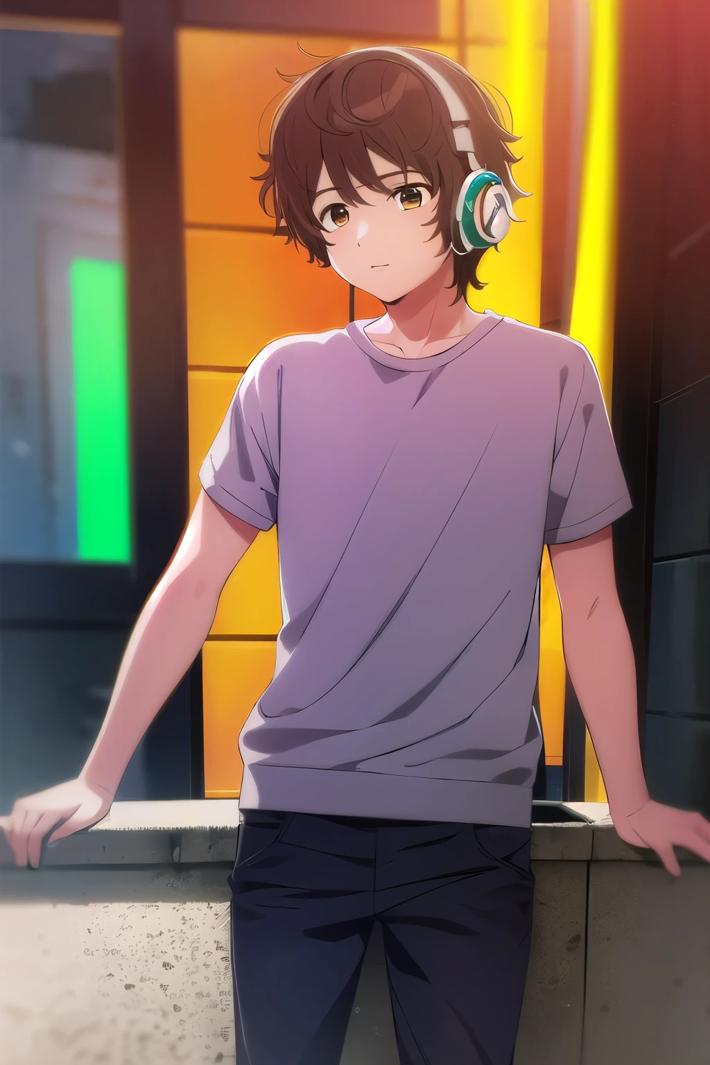 photorealistic, (4k), depth of field, (Masterpiece), (realistic skin texture), extremely detailed, intricate, hyper detailed, high resolution, professional photography, , depth of field, sharp detail, best quality, , 1boy, solo, male focus, shun_tokinoya, brown hair, brown eyes, , bangs, , , Fiesta, HD, Con Auriculares, sudadera, cuerpo completo, pantalon negro, tenis converse, Dj, Fiesta de Electronica. De la cabeza hasta los pies.