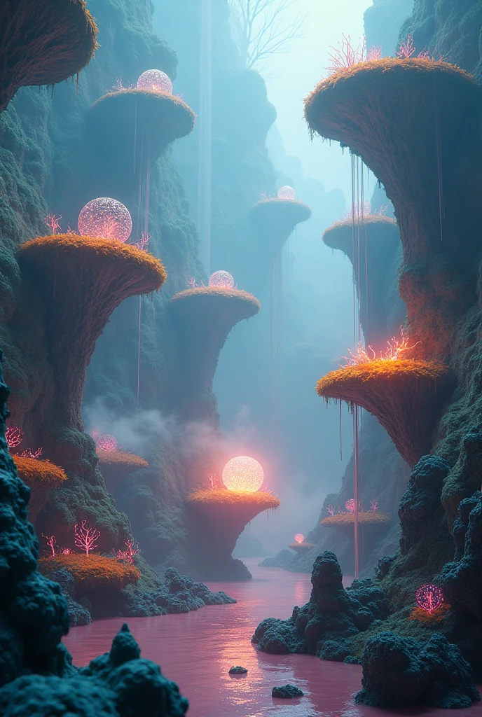 A surreal landscape, (best quality,4k,8k,highres,masterpiece:1.2),ultra-detailed,(realistic,photorealistic,photo-realistic:1.37),dreamlike floating islands,ethereal atmosphere,dramatic lighting,vibrant colors,cinematic composition,intricate details,imaginative and fantastical elements,distorted proportions,atmospheric mist,glowing energy orbs,floating crystals,otherworldly flora and fauna