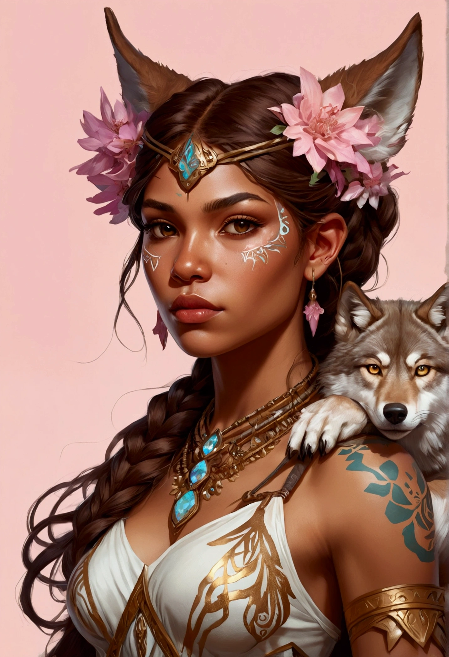 DND character, barbarian, human, women, brown hair long and messy, strong. With a wolf pet (symmetry: 1.1) (floral portrait: 1.05) a mulatto woman as a FAIRY OF THE FOREST, (assassins creed style: 0.8), pink and gold and opal color scheme, beautiful and intricate filegrid face painting, intricate, elegant, highly detailed, digital painting, art station, concept art, smooth, sharp focus, illustration, art by Greg Rutkowski and Alphonse Mucha, 8K