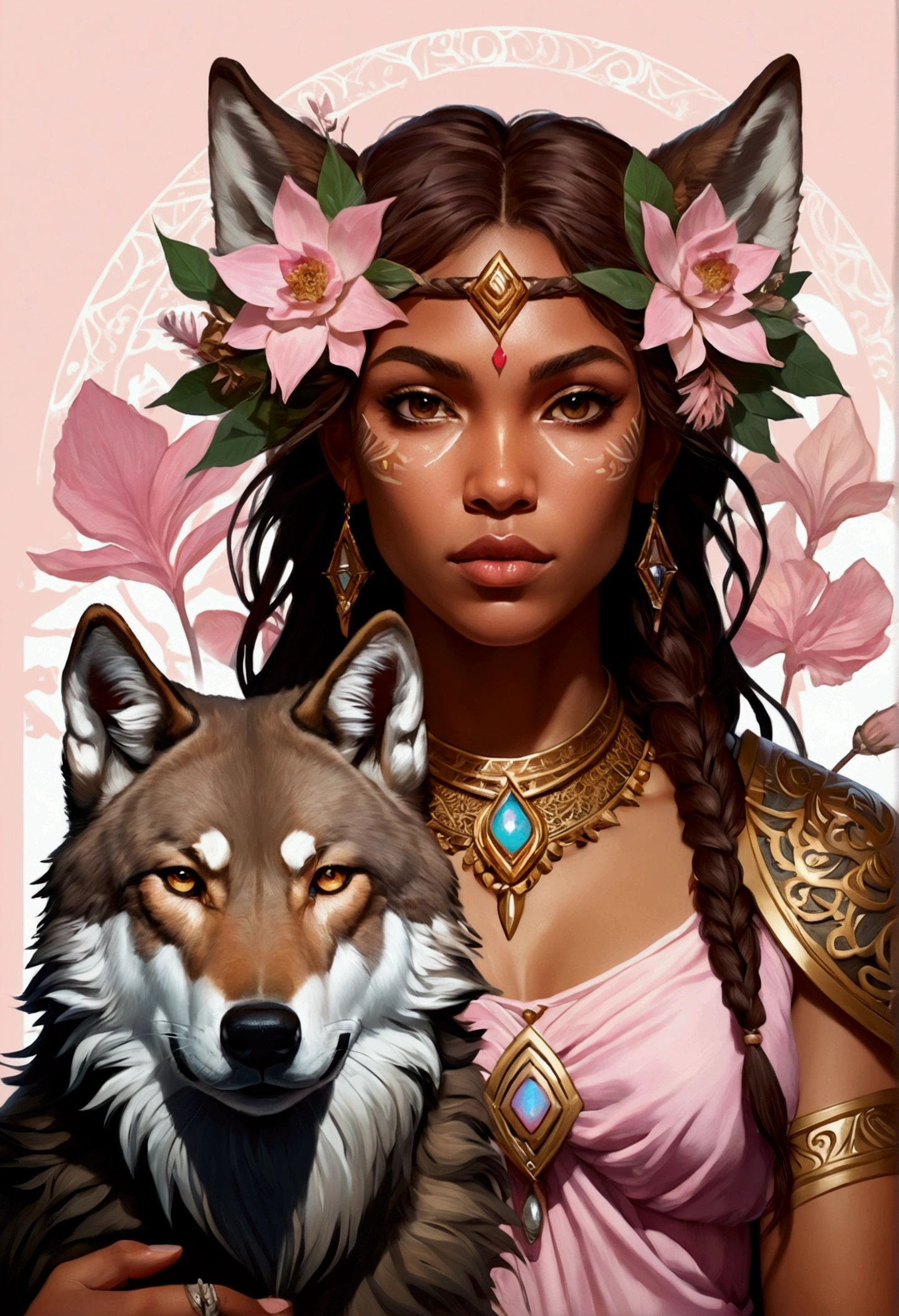 DND character, barbarian, human, women, brown hair long and messy, strong. With a wolf pet (symmetry: 1.1) (floral portrait: 1.05) a mulatto woman as a FAIRY OF THE FOREST, (assassins creed style: 0.8), pink and gold and opal color scheme, beautiful and intricate filegrid face painting, intricate, elegant, highly detailed, digital painting, art station, concept art, smooth, sharp focus, illustration, art by Greg Rutkowski and Alphonse Mucha, 8K