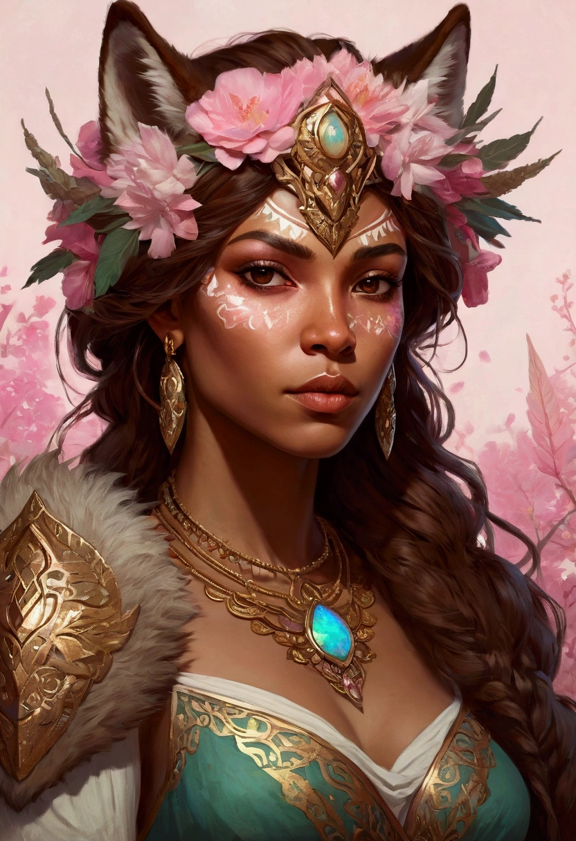 DND character, barbarian, human, women, brown hair long and messy, strong. With a wolf pet (symmetry: 1.1) (floral portrait: 1.05) a mulatto woman as a FAIRY OF THE FOREST, (assassins creed style: 0.8), pink and gold and opal color scheme, beautiful and intricate filegrid face painting, intricate, elegant, highly detailed, digital painting, art station, concept art, smooth, sharp focus, illustration, art by Greg Rutkowski and Alphonse Mucha, 8K