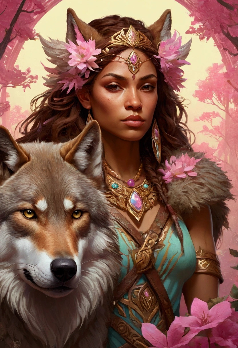 DND character, barbarian, human, women, brown hair long and messy, strong. With a wolf pet (symmetry: 1.1) (floral portrait: 1.05) a mulatto woman as a FAIRY OF THE FOREST, (assassins creed style: 0.8), pink and gold and opal color scheme, beautiful and intricate filegrid face painting, intricate, elegant, highly detailed, digital painting, art station, concept art, smooth, sharp focus, illustration, art by Greg Rutkowski and Alphonse Mucha, 8K