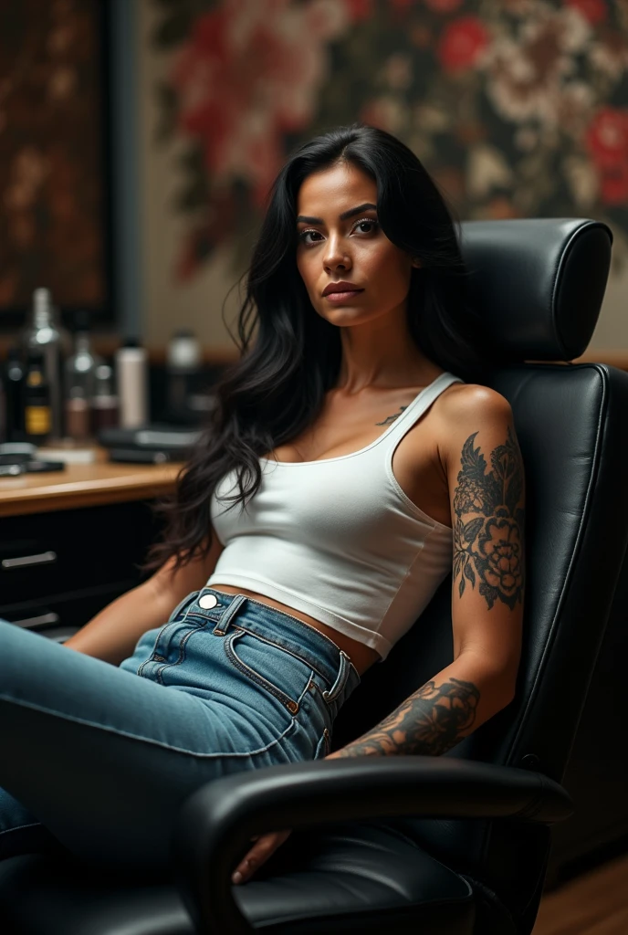 for instagram, black haired woman with big breasts in white tank top, tight denim jeans. laying on black chair. toned body. In tattoo studio with tattoo artist getting ready for her first tattoo