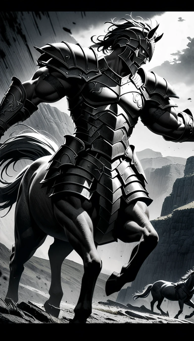 a centaur, mythological warrior, full gallop, charging at enemy monster, armored, ancient greek armor and weapon, detailed anatomy, muscular body, horse lower body, detailed face and expression, dramatic pose, dynamic motion, dark moody lighting, fantasy landscape background, cinematic composition, muted color palette