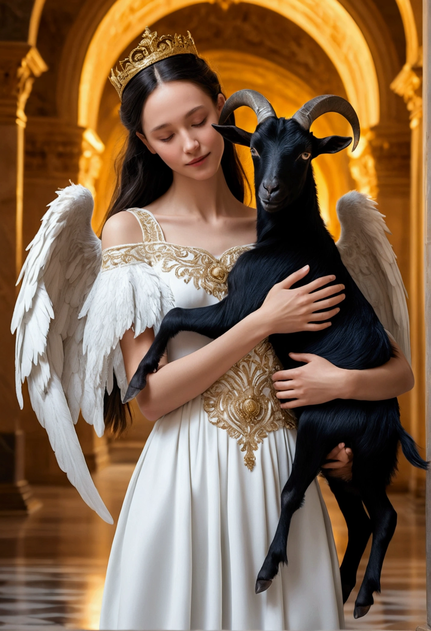 A winged angel wearing a white dress is hugging a black goat in the royal palace