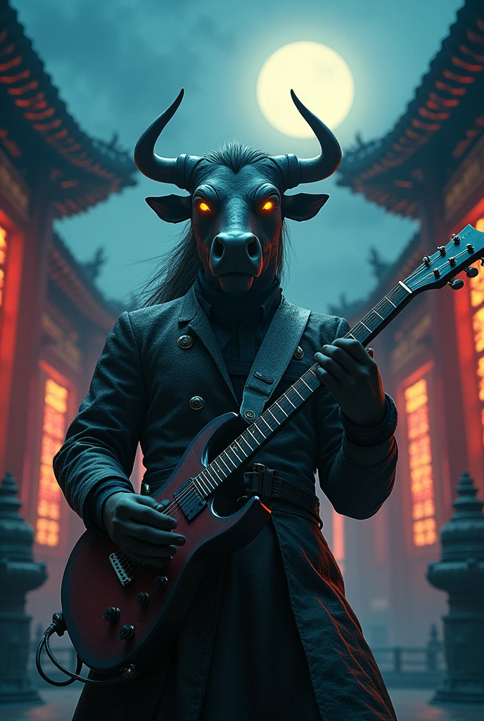 Chinese mythology，Bullhead，Horse face，rock band，temple background，Night，detail，Ultra-fine，Super real photos，Surreal，masterpiece，8K wind resolution，overclocked renderer，