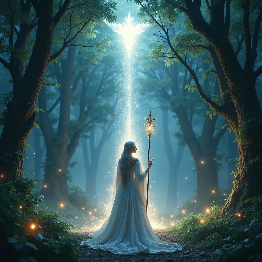 ((Allena the elven high priestess of the elf moon stands before the hidden forest alter and summons the power of the stars to link the earth and sky)). Allena is standing amidst a magical forest, with sparkling fairy lights illuminating the surroundings. The vibrant green leaves of the towering trees create a mesmerizing backdrop. Moonlight filters through the branches, casting ethereal rays of silver light on the elf's ethereal face. She holds a magical staff in her hand, which emits a soft glowing energy, revealing her strong connection with the stars. (She is surrounded in a pillar of silver light that connects the earth and sky), The atmosphere is filled with a sense of serenity and tranquility. The colors in the scene are vibrant and saturated, with a touch of mystical hues, enhancing the magical ambiance. The lighting is soft and gentle, with a warm silver glow, creating a dreamlike and otherworldly atmosphere. The image quality is of the highest standard, with ultra-detailed rendering capturing every intricate detail of the elf's features and the surrounding environment. The overall style of the image is fantasy art, with a blend of realism and a touch of surrealism, capturing the essence of the mystical and enchanting world of elves.