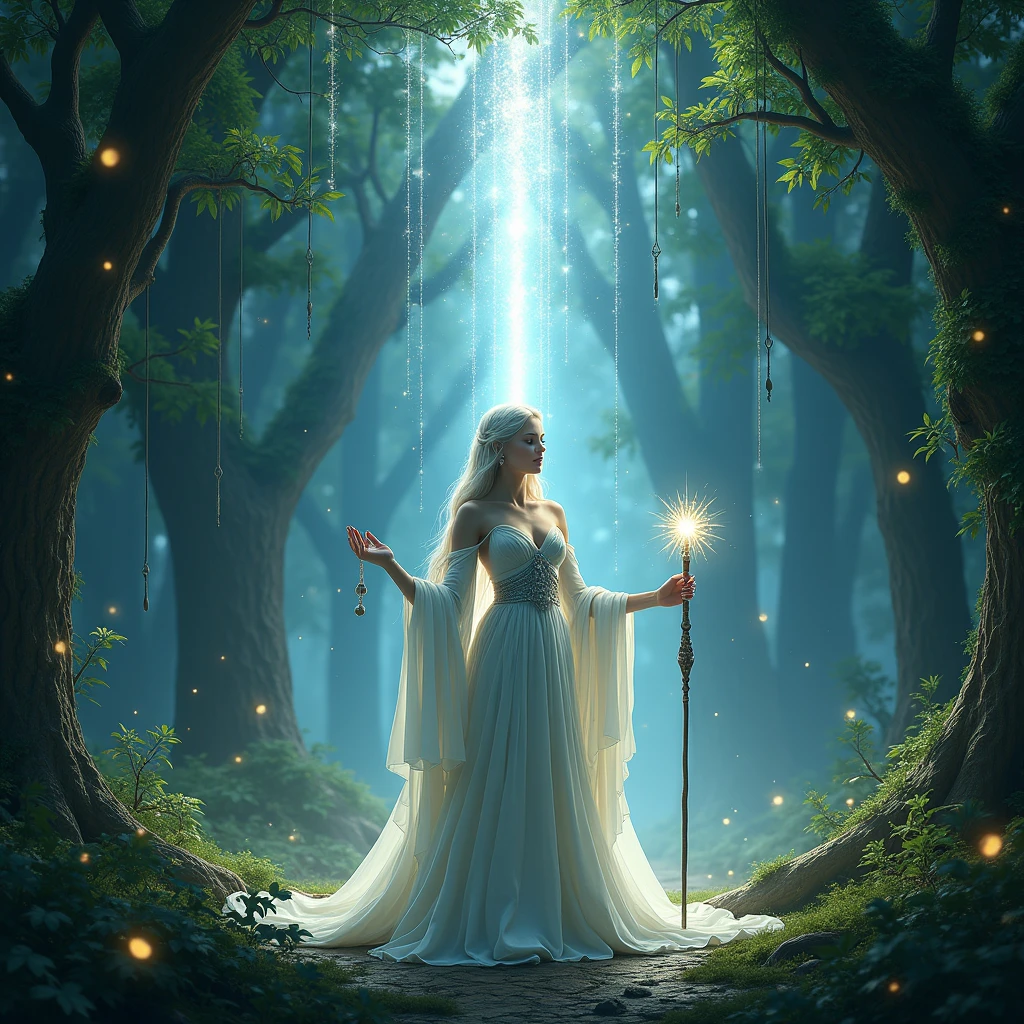 ((Allena the elven high priestess of the elf moon stands before the hidden forest alter and summons the power of the stars to link the earth and sky)). Allena is standing amidst a magical forest, with sparkling fairy lights illuminating the surroundings. The vibrant green leaves of the towering trees create a mesmerizing backdrop. Moonlight filters through the branches, casting ethereal rays of silver light on the elf's ethereal face. She holds a magical staff in her hand, which emits a soft glowing energy, revealing her strong connection with the stars. (She is surrounded in a pillar of silver light that connects the earth and sky), The atmosphere is filled with a sense of serenity and tranquility. The colors in the scene are vibrant and saturated, with a touch of mystical hues, enhancing the magical ambiance. The lighting is soft and gentle, with a warm silver glow, creating a dreamlike and otherworldly atmosphere. The image quality is of the highest standard, with ultra-detailed rendering capturing every intricate detail of the elf's features and the surrounding environment. The overall style of the image is fantasy art, with a blend of realism and a touch of surrealism, capturing the essence of the mystical and enchanting world of elves.