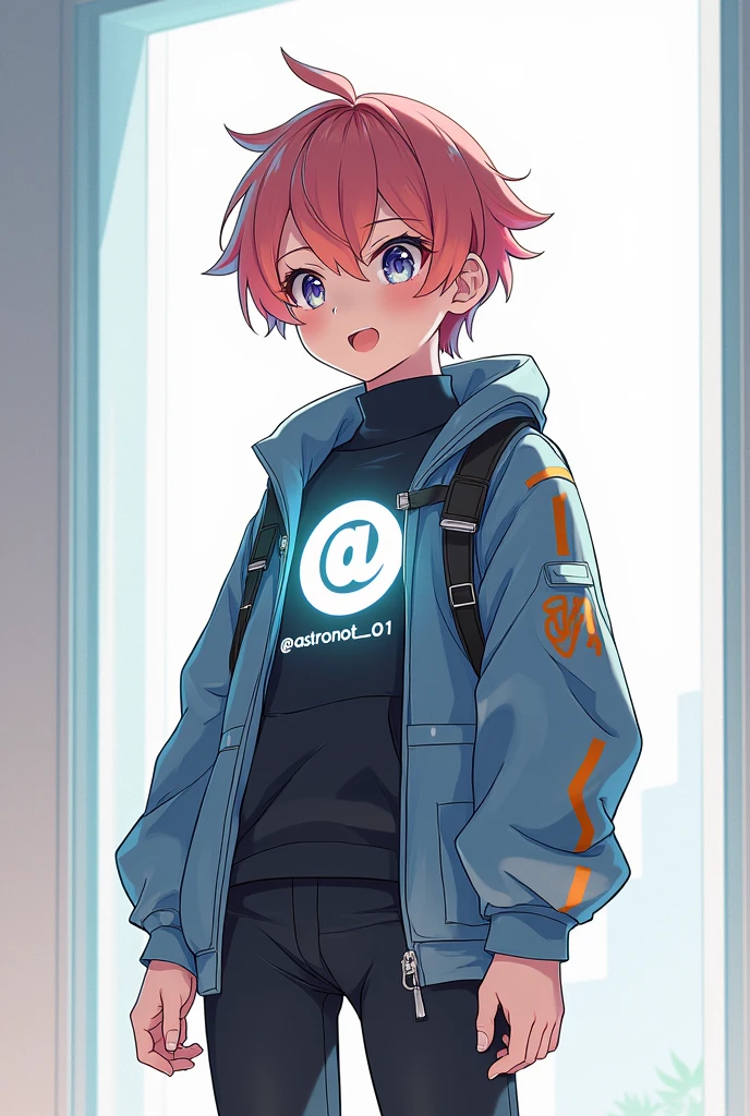 An anime-style teenager wearing a futuristic outfit, with logo &#39;@Astronot_01&#39; is clearly visible in the middle of his chest.. This character stands in a neutral and bright environment., with a curious and interested facial expression on something off screen. The background is minimalist, highlights the focus on the anime teen and the logo on his chest