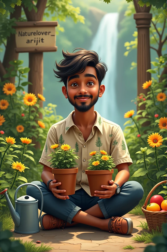 Imagine An indian 18-year old adult boy is sitting on a flower in the midst of flower garden and plants and is holding two flowers in his hands. He is holding two plant tub with two flowers and fruits with his two hands, the boy wears a shirt In which many trees and leaves are painted, He has no thick mustache but a mustache line, a light beard along the jawline, a smile on his face,And behind him is a stream flowing,in his one hand he wear a watch,In front of him is a watering can and some flowers and fruits held up in a basket.An entering board behind him reads "Naturelover_arijit".