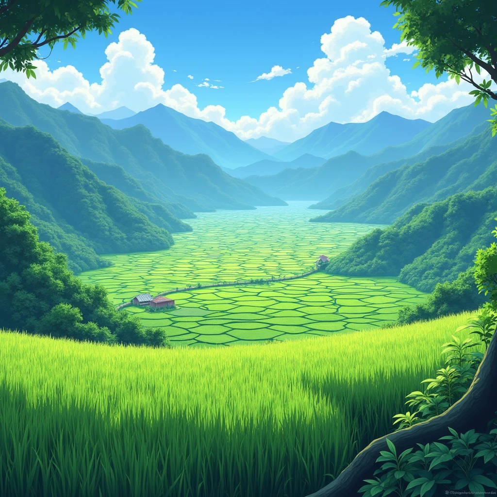 Anime Style, Diamond rice fields, from bellow.
