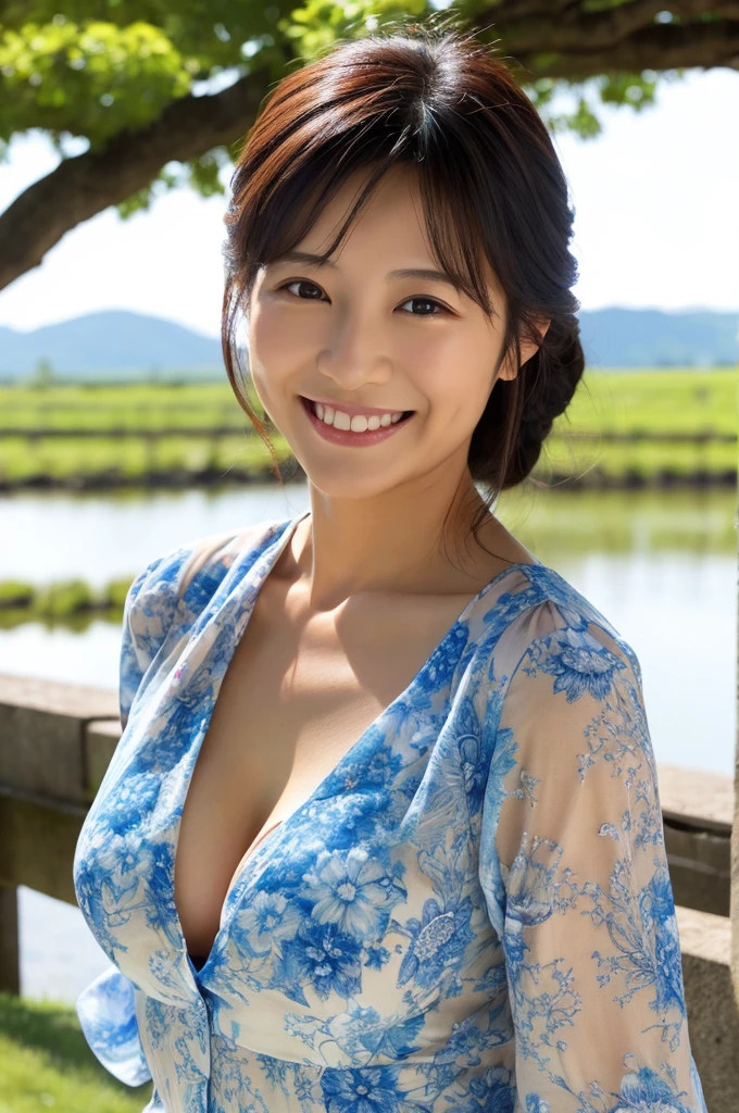 ((Highest quality)), ((masterpiece)), (detailed),Perfect Face,Japanese,landscape,Mature Woman,Upper Body,F Cup,Cleavage,blouse,smile