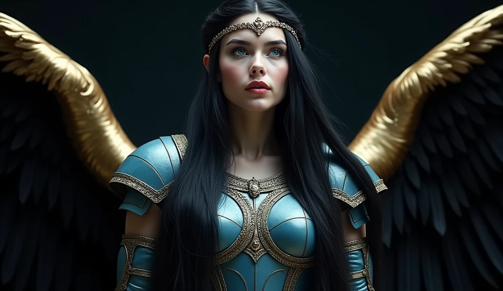 GORGEOUS WINGED VALKYRIE , WARRIOR WOMAN, BUST IMAGE STYLE, STUDIO IMAGE STYLE, BLACK INFINITE BACKGROUND, DIFFUSED LIGHTS ON FACE, BACK LIGHTS ON HAIR, HUGE GOLDEN WINGS, BLACK FEATHERS, VERY BLACK HAIR, CLOSE FACE SHOT, HUGE LONG HAIR, HUGE STRAIGHT LONG HAIR, BRAID HAIR STYLE, PLATINUM EYEBROWS, VERY PALE SKIN, LUMINOUS SKIN, TURCOISE BLUE EYES, LUMINOUS EYES,LOOKING UP,  MEDIEVAL STYLE, HIGH CHEEKBONES, ROSY CHEEKS, GORGEOUS LIPS, SOFT LIPSTICK, GORGEOUS CURVY BODY, SOFT MUSCLES, VOLUMOUS BREASTS, BLUE ARMOUR, SILVER DETAILS, FULL BODY ARMOUR, FLAT BOOTS, NECK CLEAVAGE, LONG BRACELETS, GOLD DETAILS, GOLDEN HEADBAND , ENIGMATIC FACE EXPRESSION, SIDE FACE VIEW, EYES LOOKING UP, TOLKIEN MITHOLOGY, HIGH QUALITY IMAGE, MASTERPIECE, 8K
