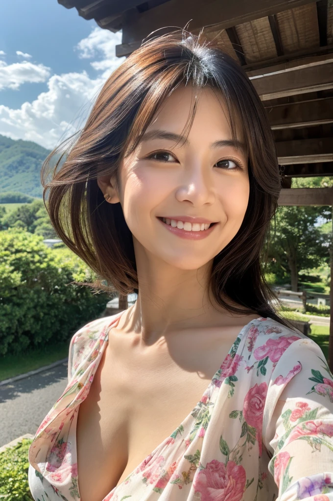 ((Highest quality)), ((masterpiece)), (detailed),Perfect Face,Japanese,landscape,Mature Woman,Upper Body,F Cup,Cleavage,blouse,smile