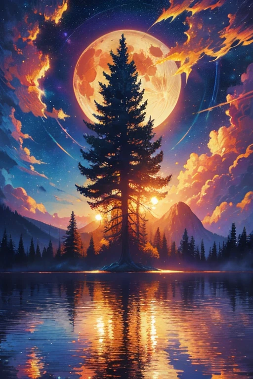 a painting of a lake with a full moon and trees, a fine art painting by Dan Mumford, tumblr, space art, magical sparkling lake, painting by dan mumford, dan mumford and albert bierstadt, dan mumford paint, glowing reflections, in the style dan mumford artwork, dan mumford and thomas kinkade, el bosco and dan mumford