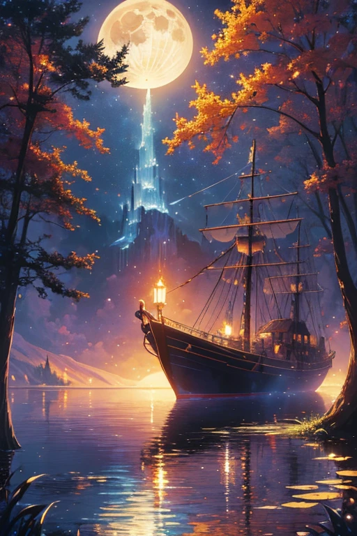 a painting of a lake with a full moon and trees, a fine art painting by Dan Mumford, tumblr, space art, magical sparkling lake, painting by dan mumford, dan mumford and albert bierstadt, dan mumford paint, glowing reflections, in the style dan mumford artwork, dan mumford and thomas kinkade, el bosco and dan mumford